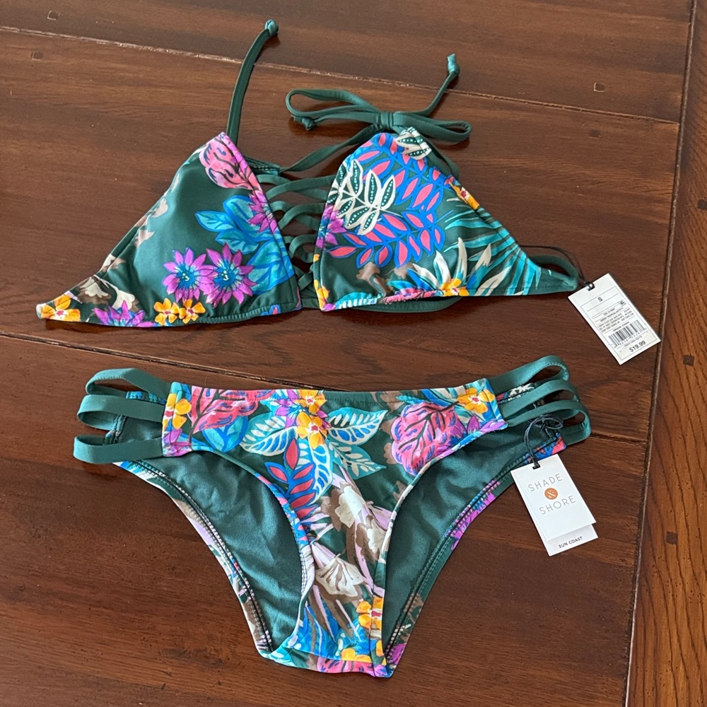 NWT Shade & Shore Teal Tropical Floral Lace-Up Bikini